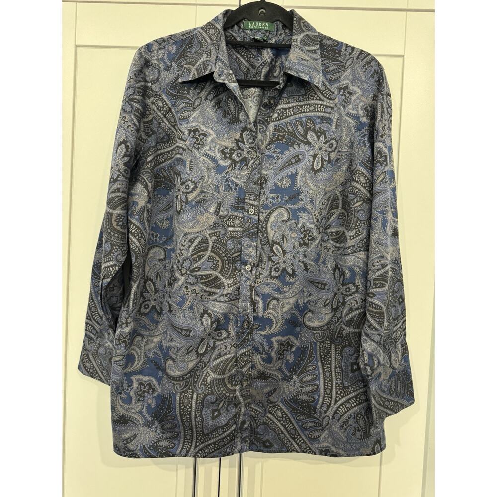 Lauren Ralph Lauren Paisley Collared Button-Up Blouse Blue 1X 100% Cotton